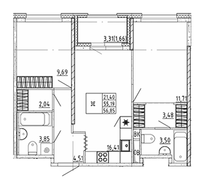 2-комнатная квартира 56.85 м², 8/12 эт., ЖК «UP! Квартал Воронцовский»